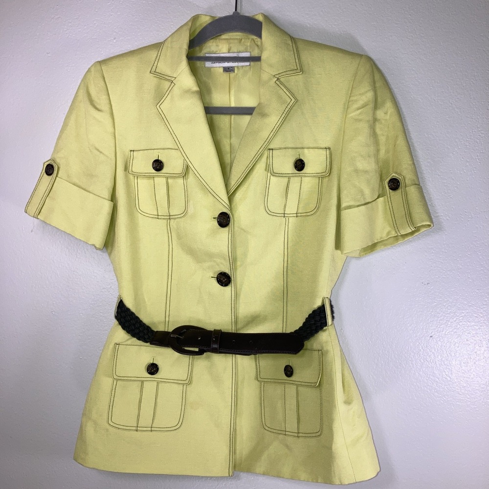 Tahari By Arthur S. Levine 4 Linen Blend Lime Green Short Sleeve Jacket w/Belt